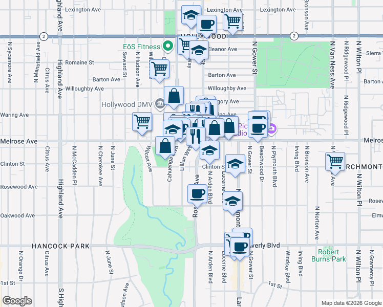 map of restaurants, bars, coffee shops, grocery stores, and more near 640 Lillian Way in Los Angeles