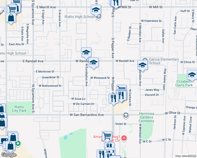 map of restaurants, bars, coffee shops, grocery stores, and more near 1822 West Westwind Street in Colton