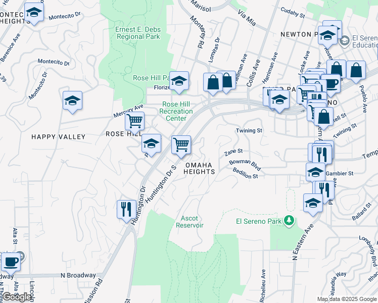 map of restaurants, bars, coffee shops, grocery stores, and more near 4444 Huntington Drive South in Los Angeles