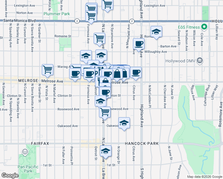 map of restaurants, bars, coffee shops, grocery stores, and more near 623 North Sycamore Avenue in Los Angeles