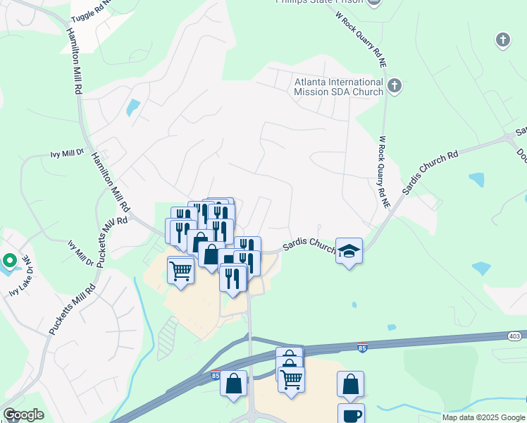 map of restaurants, bars, coffee shops, grocery stores, and more near 2677 Sardis Chase Court in Buford