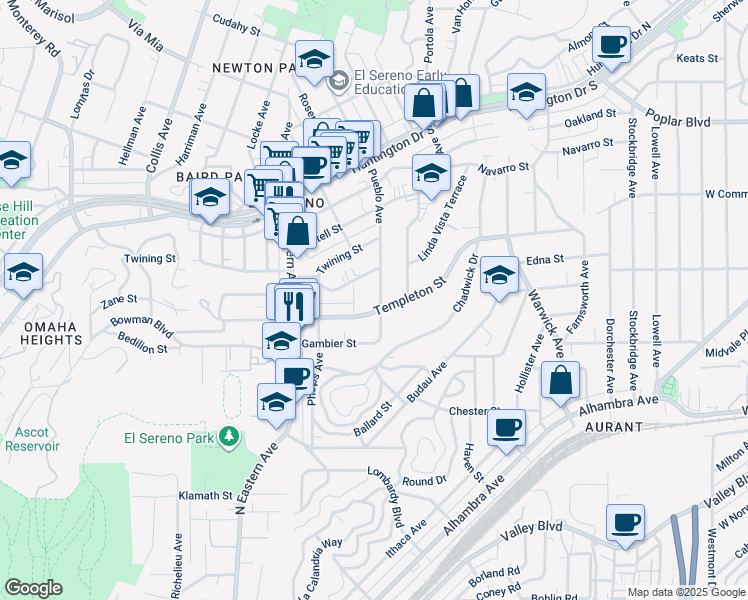 map of restaurants, bars, coffee shops, grocery stores, and more near 3211 Pueblo Avenue in Los Angeles