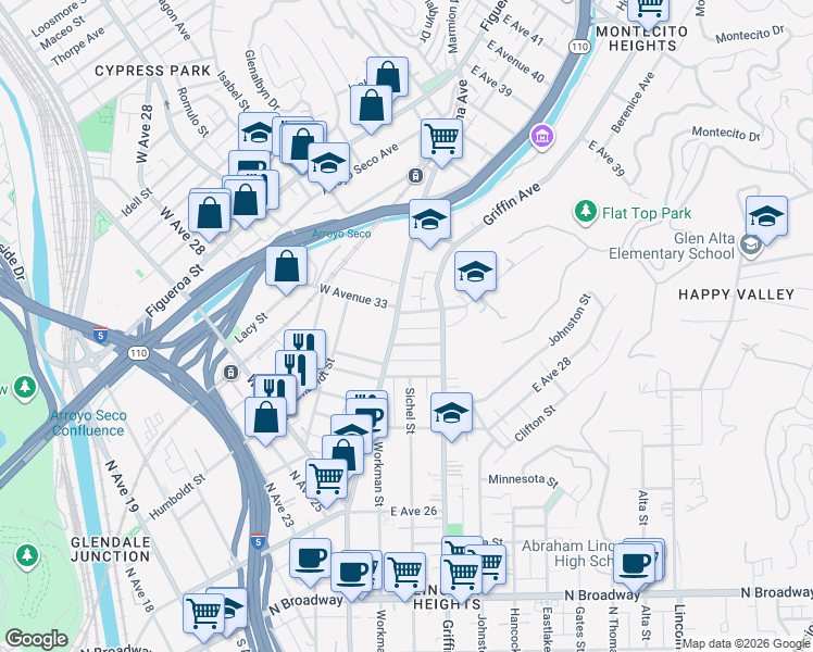 map of restaurants, bars, coffee shops, grocery stores, and more near 3300 Pasadena Avenue in Los Angeles