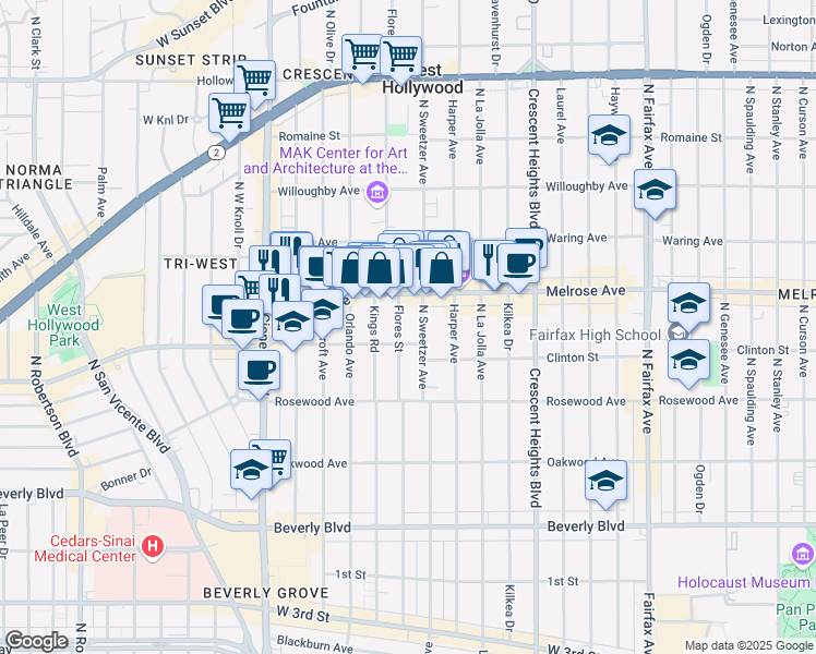 map of restaurants, bars, coffee shops, grocery stores, and more near 616 North Flores Street in Los Angeles