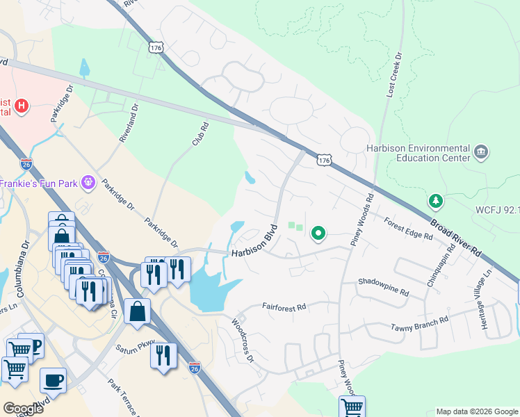 map of restaurants, bars, coffee shops, grocery stores, and more near 500 Harbison Boulevard in Columbia