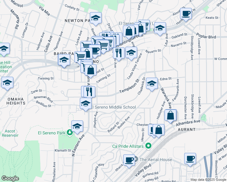 map of restaurants, bars, coffee shops, grocery stores, and more near 3211 Pueblo Avenue in Los Angeles
