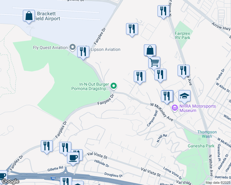 map of restaurants, bars, coffee shops, grocery stores, and more near 496 West McKinley Avenue in Pomona