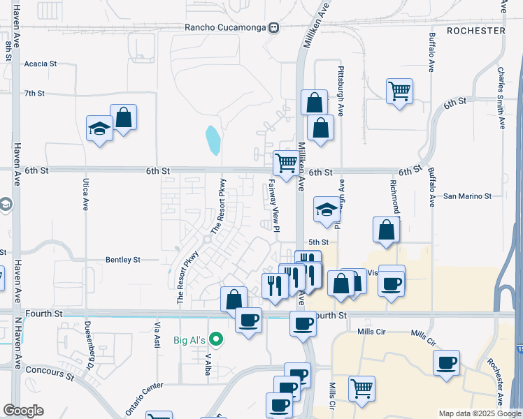 map of restaurants, bars, coffee shops, grocery stores, and more near 9400 Fairway View Place in Rancho Cucamonga