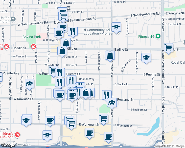 map of restaurants, bars, coffee shops, grocery stores, and more near 331 East Puente Street in Covina