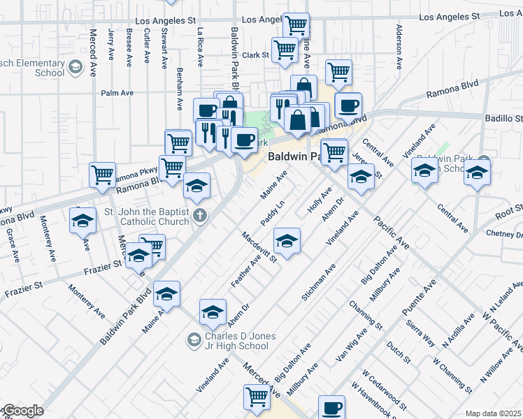 map of restaurants, bars, coffee shops, grocery stores, and more near 3872 Maine Avenue in Baldwin Park