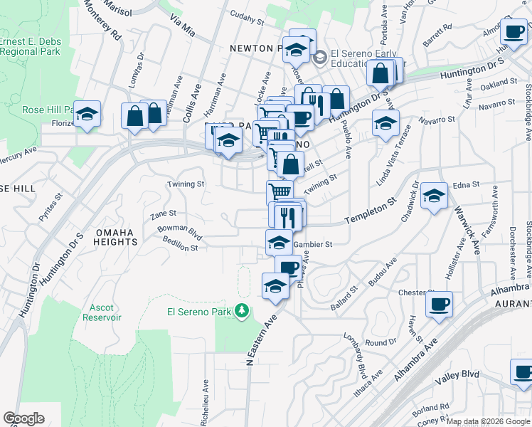 map of restaurants, bars, coffee shops, grocery stores, and more near 4841 Converse Street in Los Angeles