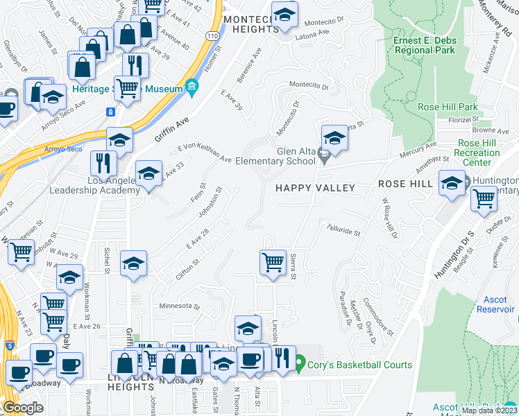 map of restaurants, bars, coffee shops, grocery stores, and more near Vía Arbolada in Los Angeles