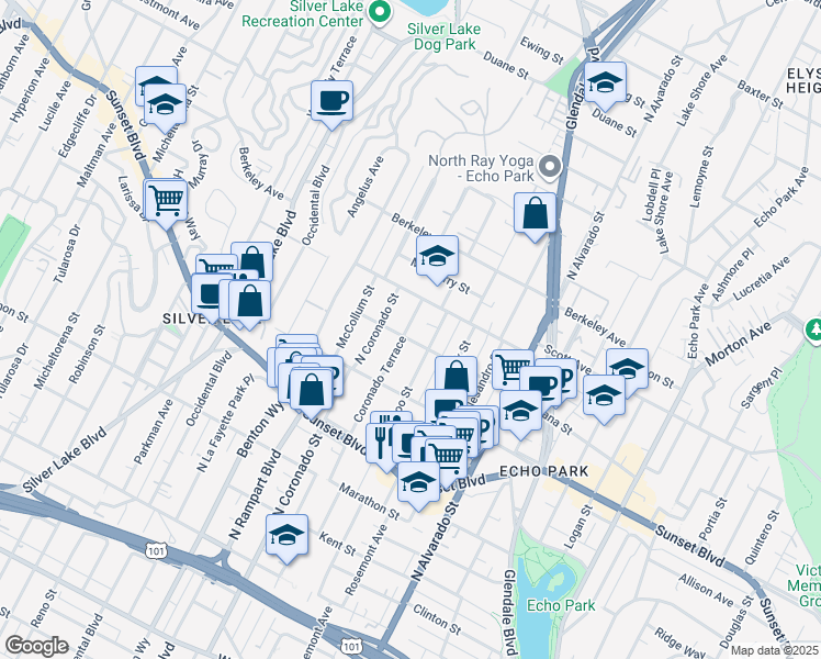 map of restaurants, bars, coffee shops, grocery stores, and more near 1419 Coronado Terrace in Los Angeles