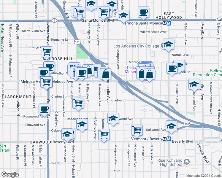 map of restaurants, bars, coffee shops, grocery stores, and more near 666 1/2 North Normandie Avenue in Los Angeles