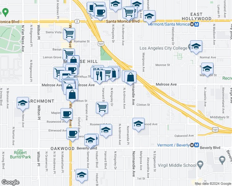 map of restaurants, bars, coffee shops, grocery stores, and more near in Los Angeles