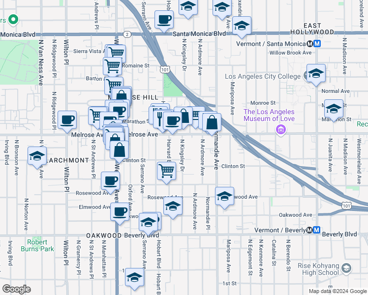 map of restaurants, bars, coffee shops, grocery stores, and more near in Los Angeles