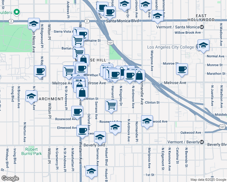map of restaurants, bars, coffee shops, grocery stores, and more near in Los Angeles