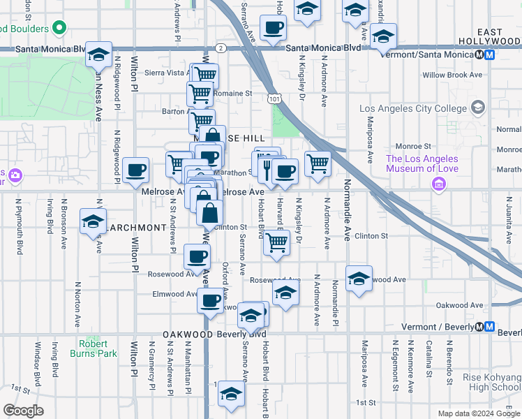 map of restaurants, bars, coffee shops, grocery stores, and more near 648 North Serrano Avenue in Los Angeles