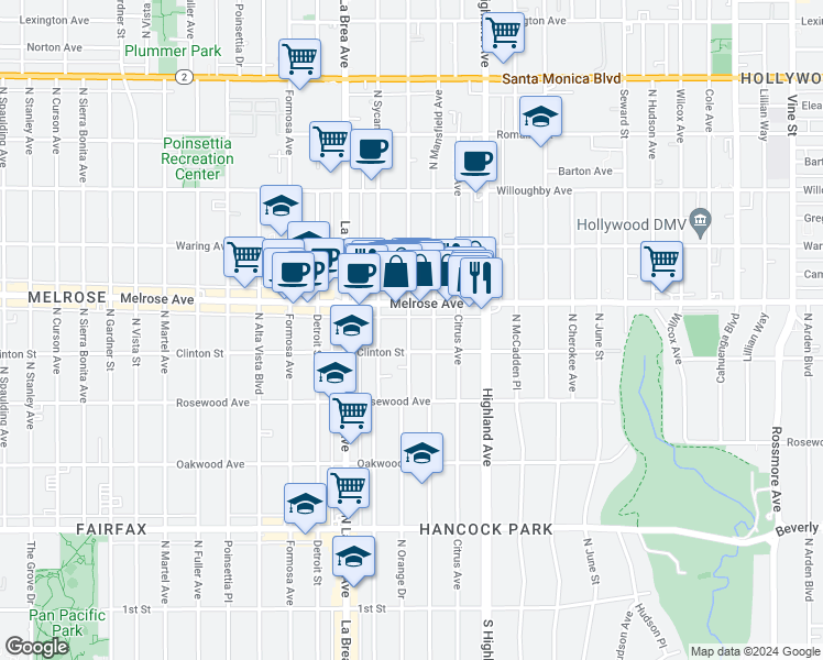 map of restaurants, bars, coffee shops, grocery stores, and more near in Los Angeles