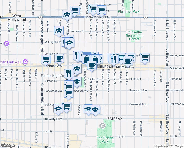 map of restaurants, bars, coffee shops, grocery stores, and more near 628 North Spaulding Avenue in Los Angeles