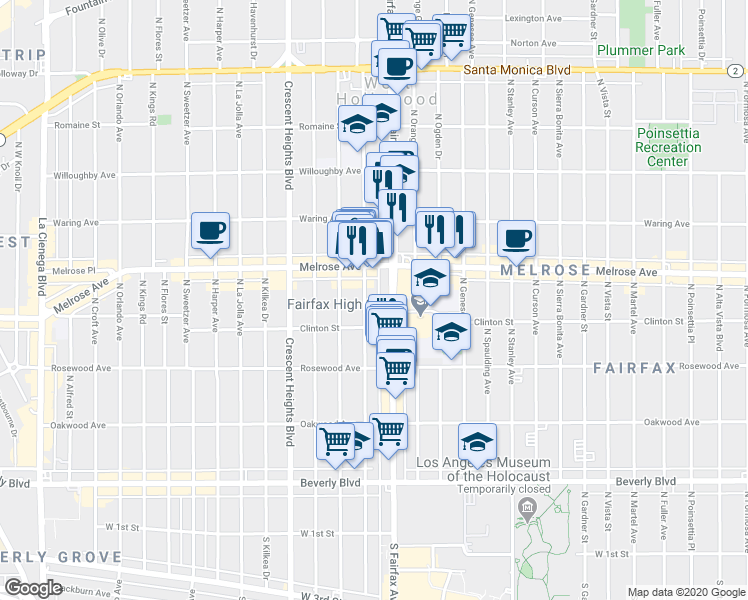 map of restaurants, bars, coffee shops, grocery stores, and more near 647 North Fairfax Avenue in Los Angeles