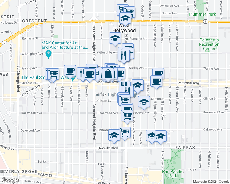 map of restaurants, bars, coffee shops, grocery stores, and more near 648 North Edinburgh Avenue in Los Angeles