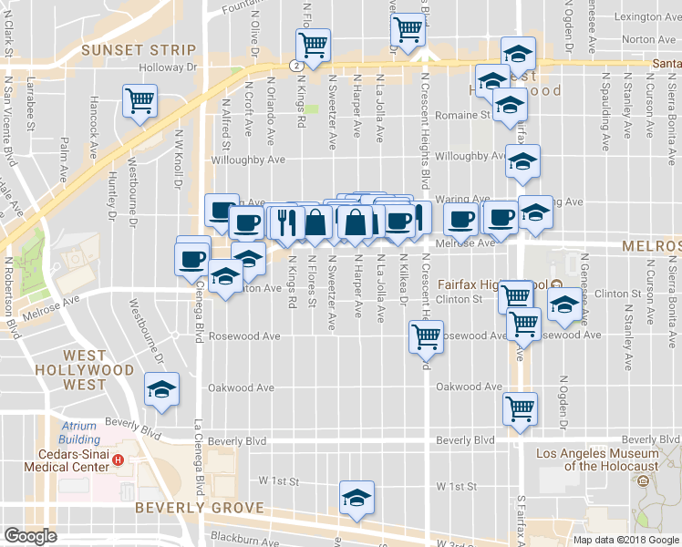 map of restaurants, bars, coffee shops, grocery stores, and more near 649 North Harper Avenue in Los Angeles