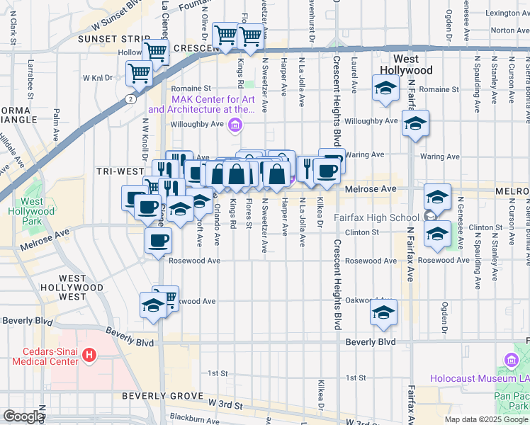 map of restaurants, bars, coffee shops, grocery stores, and more near in Los Angeles