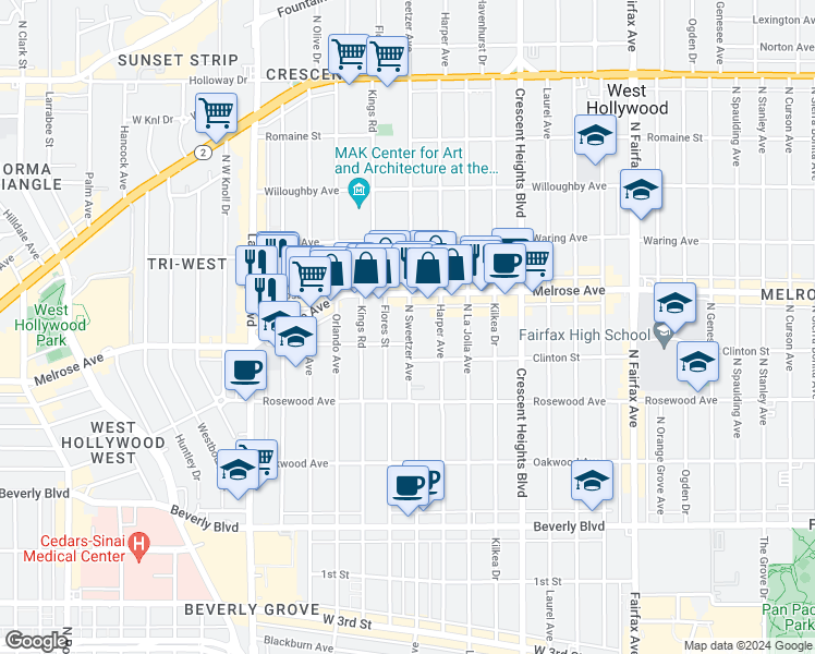 map of restaurants, bars, coffee shops, grocery stores, and more near in Los Angeles