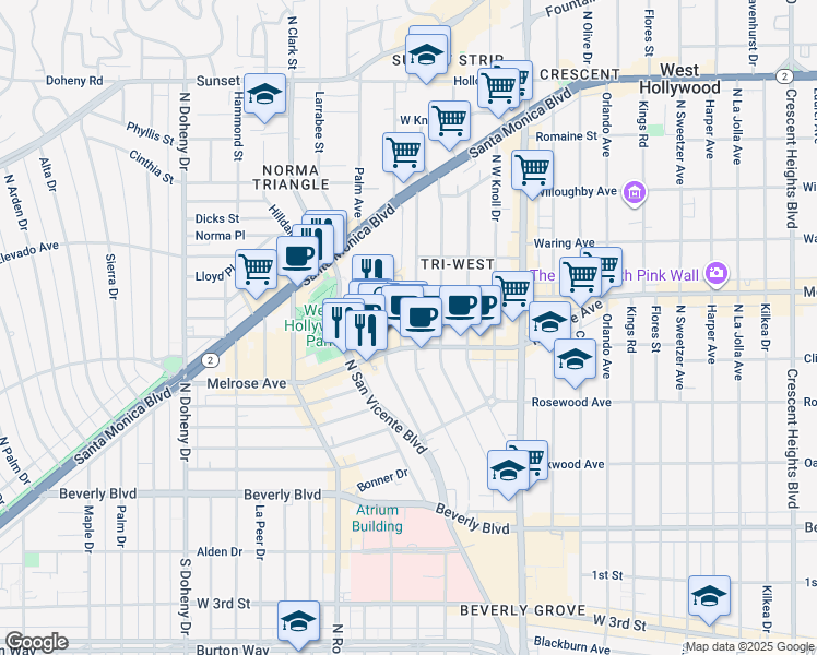 map of restaurants, bars, coffee shops, grocery stores, and more near 635 Huntley Drive in West Hollywood