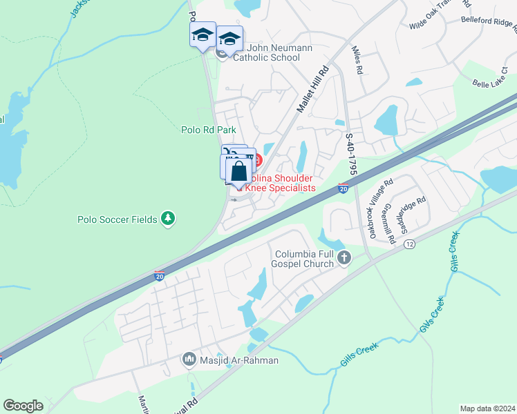 map of restaurants, bars, coffee shops, grocery stores, and more near 811 Mallet Hill Road in Columbia