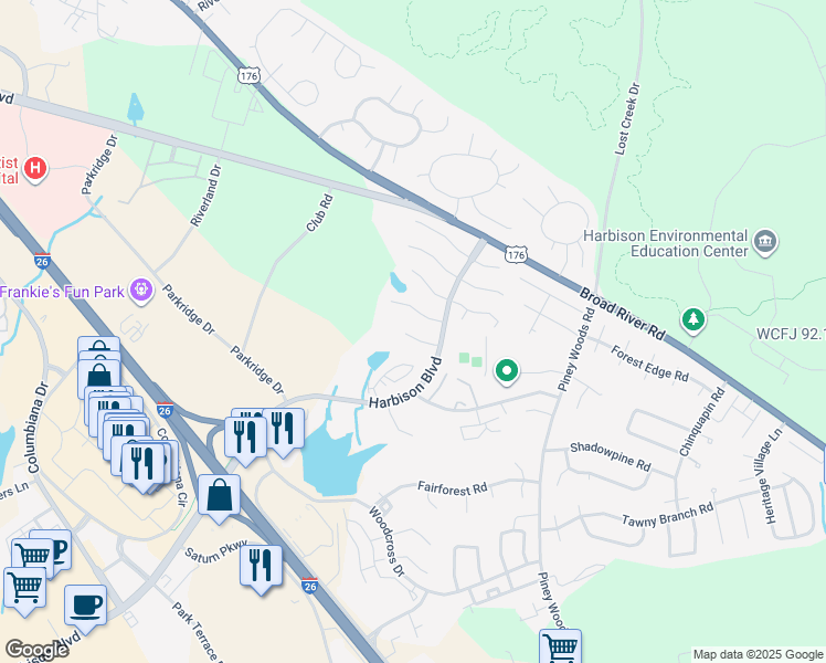 map of restaurants, bars, coffee shops, grocery stores, and more near 67 Woodpond Court in Columbia