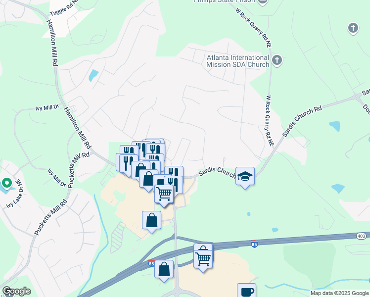 map of restaurants, bars, coffee shops, grocery stores, and more near 2677 Sardis Chase Court in Buford