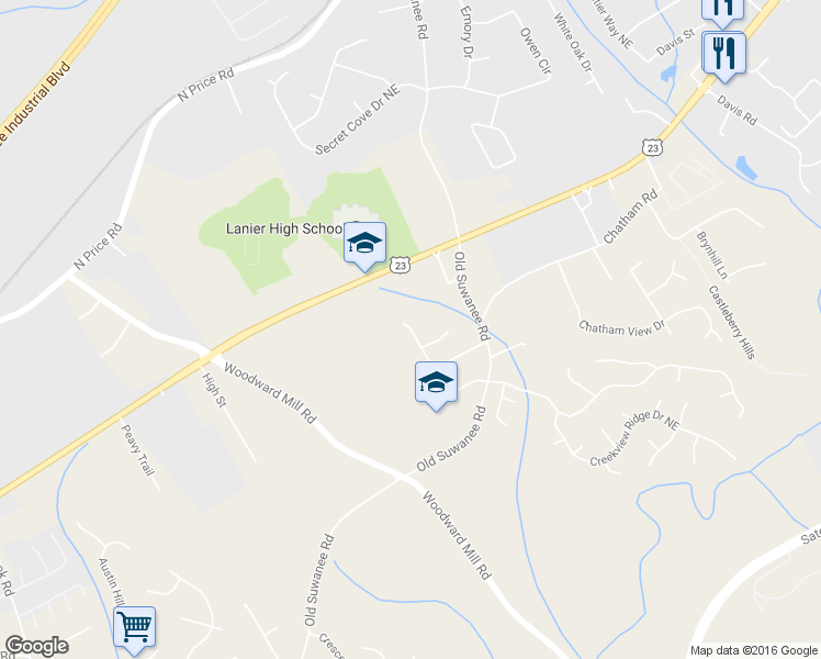 map of restaurants, bars, coffee shops, grocery stores, and more near Suwanee Brook Court in Buford