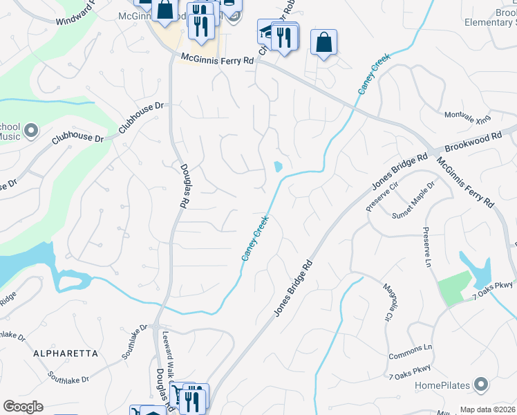 map of restaurants, bars, coffee shops, grocery stores, and more near 12495 Stevens Creek Drive in Alpharetta