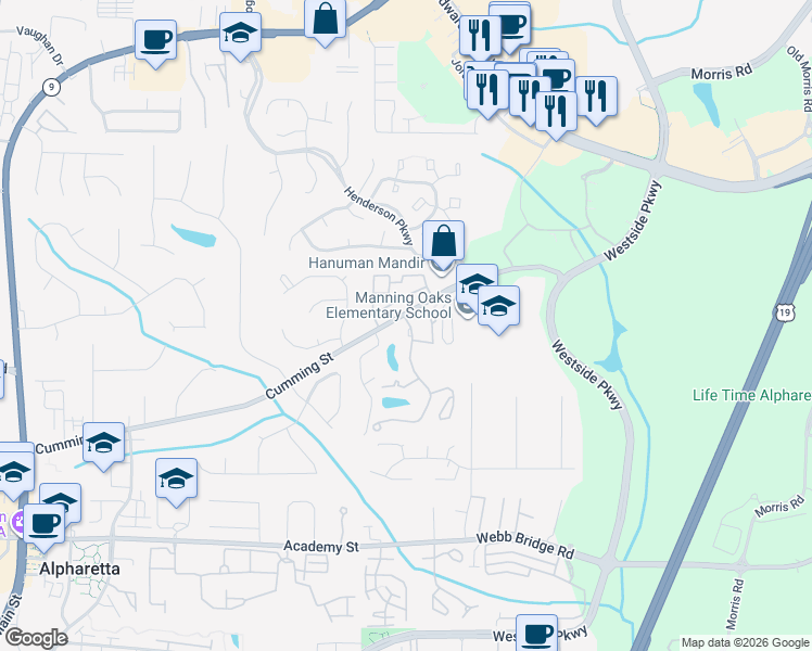 map of restaurants, bars, coffee shops, grocery stores, and more near 3008 Lake Union Hill Way in Alpharetta