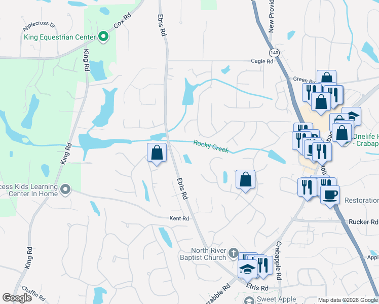 map of restaurants, bars, coffee shops, grocery stores, and more near 750 Northwind Terrace in Roswell
