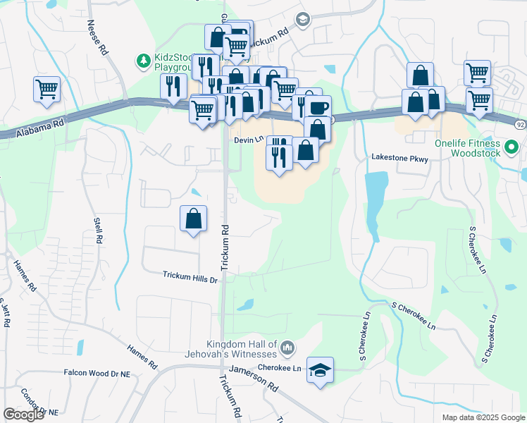 map of restaurants, bars, coffee shops, grocery stores, and more near 213 Yellowwood Way in Woodstock