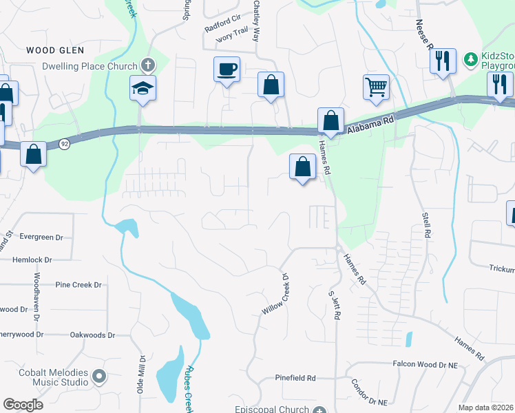 map of restaurants, bars, coffee shops, grocery stores, and more near 131 Smokehill Lane in Woodstock