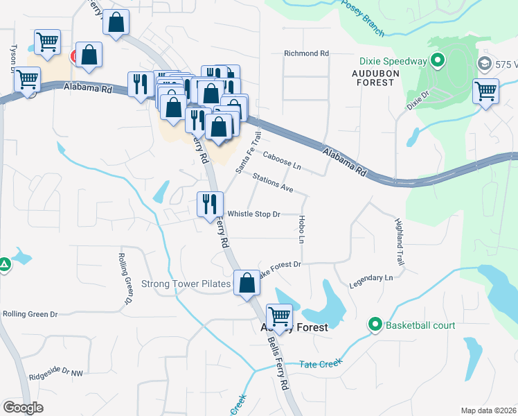 map of restaurants, bars, coffee shops, grocery stores, and more near 514 Whistle Stop Drive in Woodstock