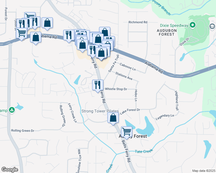 map of restaurants, bars, coffee shops, grocery stores, and more near 520 Whistle Stop Drive in Woodstock