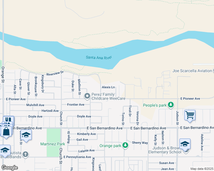 map of restaurants, bars, coffee shops, grocery stores, and more near 1107 Alexis Lane in Redlands
