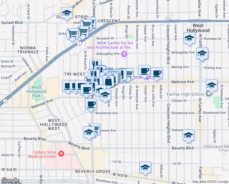 map of restaurants, bars, coffee shops, grocery stores, and more near 621 North Orlando Avenue in West Hollywood