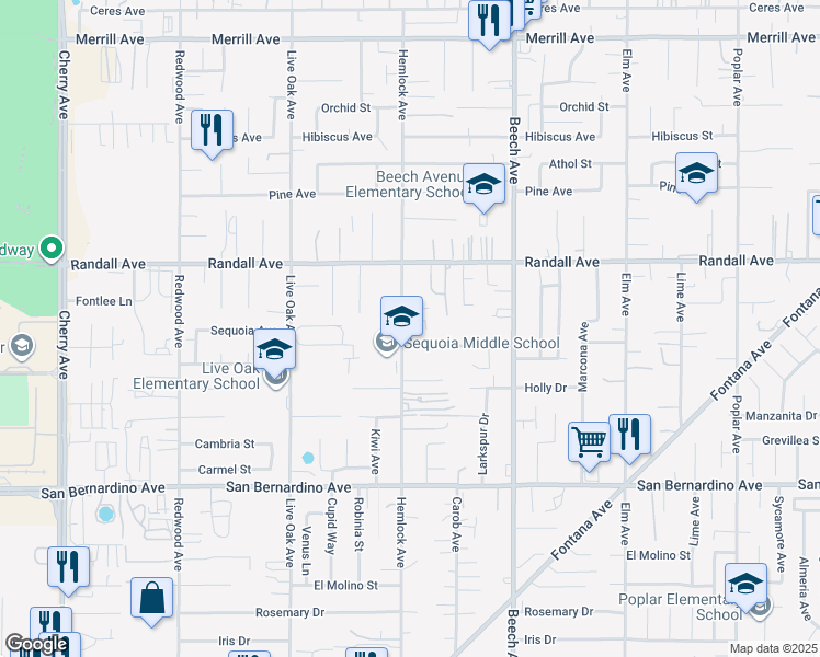 map of restaurants, bars, coffee shops, grocery stores, and more near 9393 Hemlock Avenue in Fontana