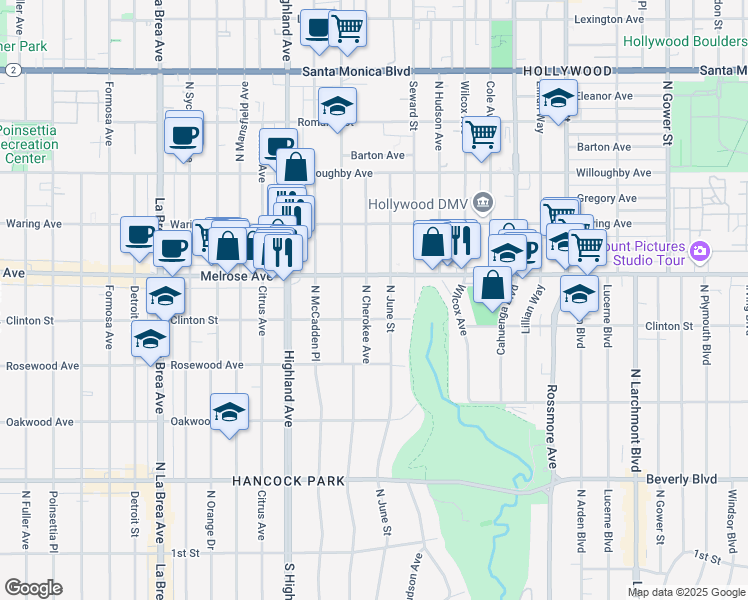 map of restaurants, bars, coffee shops, grocery stores, and more near 620 North Cherokee Avenue in Los Angeles