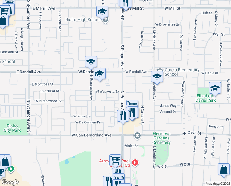 map of restaurants, bars, coffee shops, grocery stores, and more near 1710 West Westwind Street in Colton