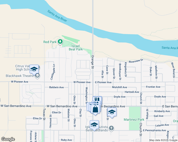 map of restaurants, bars, coffee shops, grocery stores, and more near 140 West Pioneer Avenue in Redlands