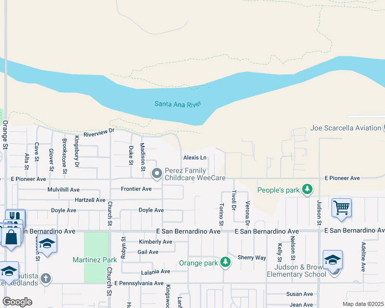 map of restaurants, bars, coffee shops, grocery stores, and more near 1107 Alexis Lane in Redlands