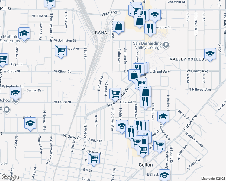 map of restaurants, bars, coffee shops, grocery stores, and more near 1436 North Bordwell Avenue in Colton
