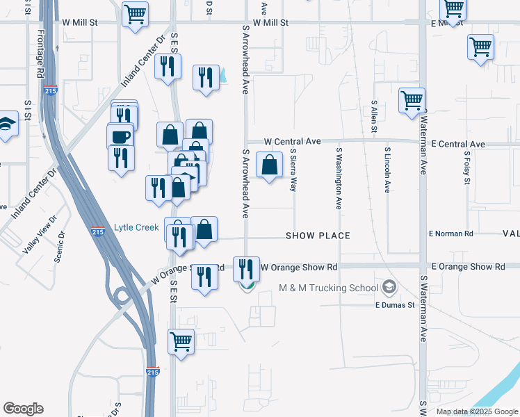 map of restaurants, bars, coffee shops, grocery stores, and more near 145 Hillcrest Avenue in San Bernardino